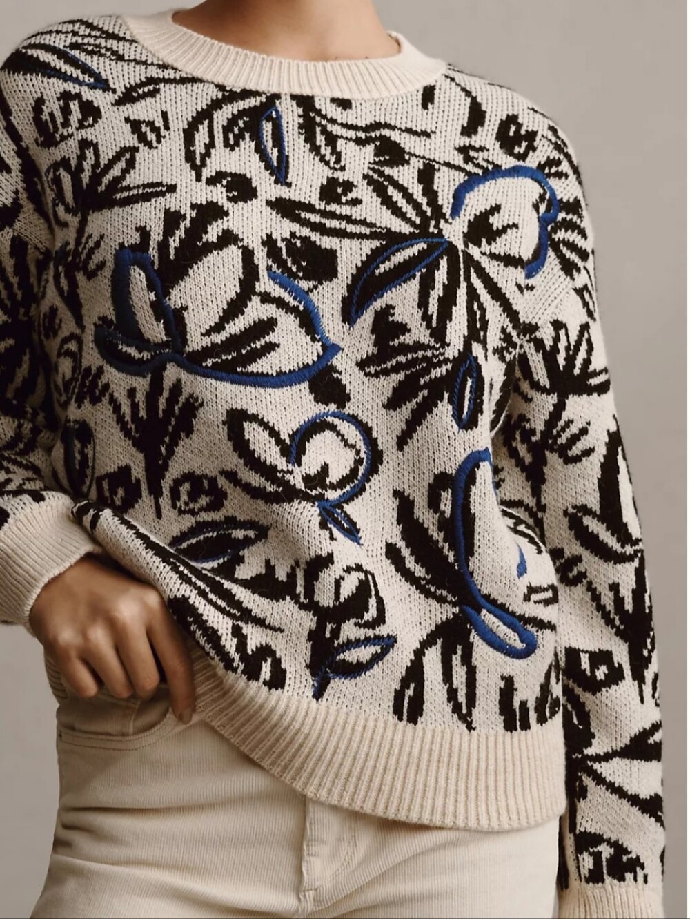 NWT By Anthropologie Floral Stencil Pop Art Embroidered Sweater Wool Blend MD